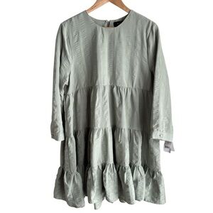 Boutique Long Sleeve Ruffle Dress L Sage Green Tiered Below Knee Feminine NWT